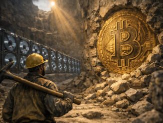 Bitcoin miner facing a massive BTC embedded in rock beside mining rigs, symbolizing 20 million coins mined, growing scarcity, and emerging network security concerns