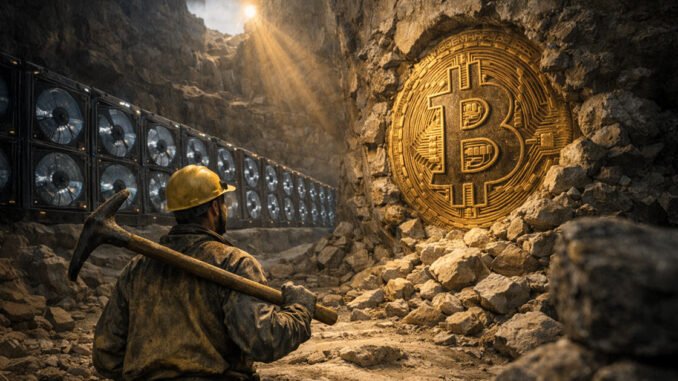 Bitcoin miner facing a massive BTC embedded in rock beside mining rigs, symbolizing 20 million coins mined, growing scarcity, and emerging network security concerns