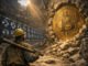 Bitcoin miner facing a massive BTC embedded in rock beside mining rigs, symbolizing 20 million coins mined, growing scarcity, and emerging network security concerns