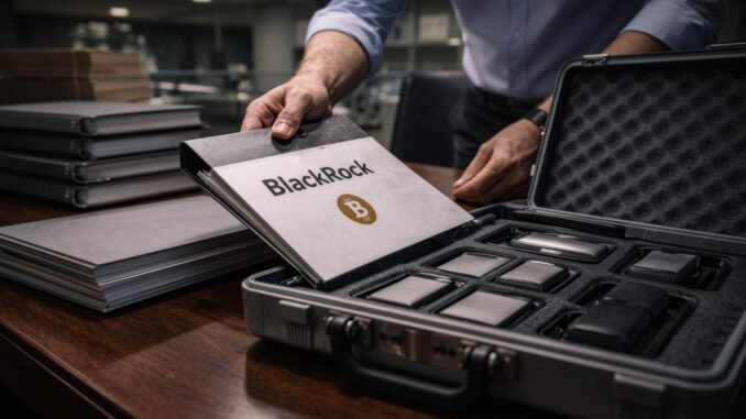 BlackRock document placed beside a secure case of digital devices, illustrating traditional investment products moving into digital wallets after a $150B crypto expansion