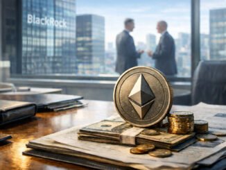 Ethereum coin on stacks of cash in a corporate boardroom with BlackRock offices in the background, symbolizing institutional crypto partnerships and the debate over real adoption versus crypto-washing in global payments networks