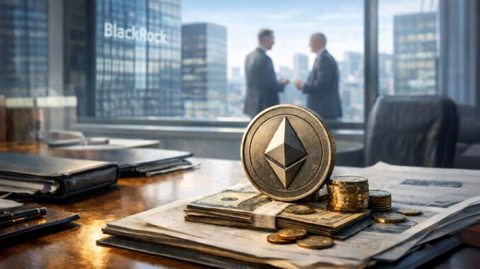 Ethereum coin on stacks of cash in a corporate boardroom with BlackRock offices in the background, symbolizing institutional crypto partnerships and the debate over real adoption versus crypto-washing in global payments networks
