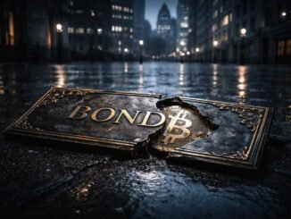 Cracked bond plaque revealing a Bitcoin beneath on a rain-soaked city street, symbolizing Britain’s bond market turmoil shifting attention toward Bitcoin