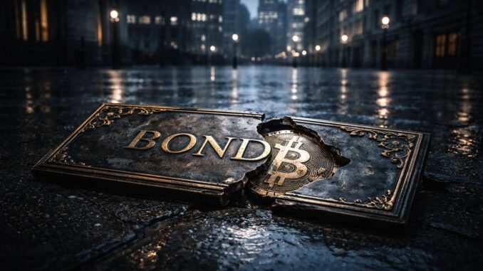 Britain’s bond panic is currently making the case for Bitcoin Cracked bond plaque revealing a Bitcoin beneath on a rain-soaked city street, symbolizing Britain’s bond market turmoil shifting attention toward Bitcoin