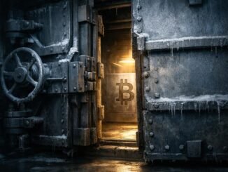 Frozen vault door opening to reveal a glowing Bitcoin, symbolizing regulatory clarity unlocking access and impacting Bitcoin holdings