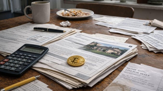 Can Bitcoin solve US housing mortgage crisis? Bitcoin placed on home loan documents and bills illustrates using BTC as collateral to address the US housing crisis