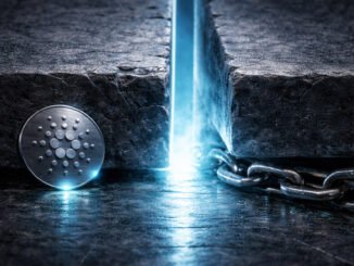 Cardano ADA coin beside a heavy chain split by a glowing crack in stone, symbolizing low-key network upgrades paving the way for institutional adoption backed by on-chain data