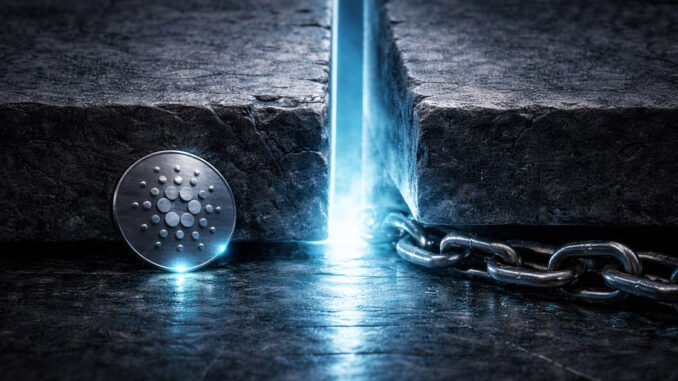 Cardano ADA coin beside a heavy chain split by a glowing crack in stone, symbolizing low-key network upgrades paving the way for institutional adoption backed by on-chain data