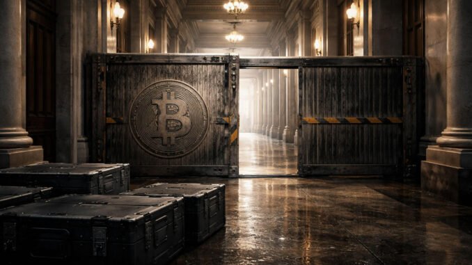 Bitcoin-marked barrier blocking a government hallway with cases left outside, symbolizing Citi lowering its price target as slow Washington policy delays impact crypto outlook
