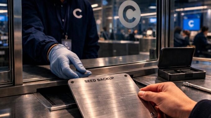 User handing over a crypto seed phrase backup at a Coinbase service counter, highlighting the risk of entering recovery phrases online during Commerce migration confusion