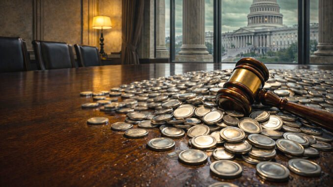 Gavel on a conference table covered with coins overlooking the US Capitol, illustrating the broader congressional battle behind stablecoin legislation