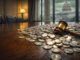 Gavel on a conference table covered with coins overlooking the US Capitol, illustrating the broader congressional battle behind stablecoin legislation