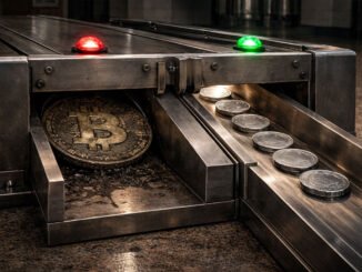 Bitcoin coin stopped at a metal gate while smaller tokens pass through, illustrating Congress targeting crypto wash-sale rules while favoring stablecoin tax treatment