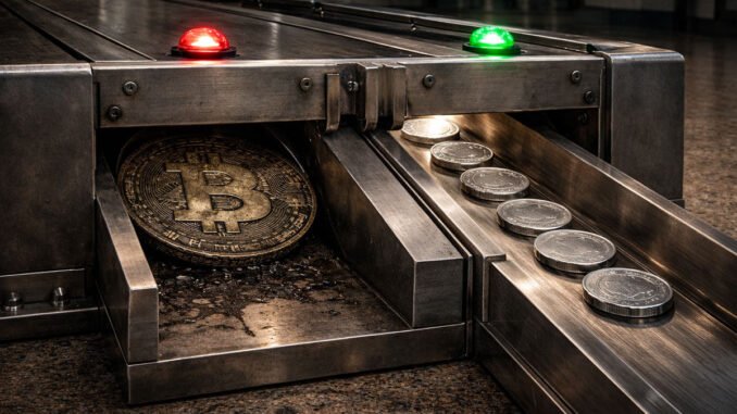 Bitcoin coin stopped at a metal gate while smaller tokens pass through, illustrating Congress targeting crypto wash-sale rules while favoring stablecoin tax treatment