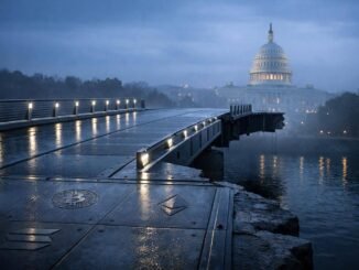 Broken bridge leading toward the U.S. Capitol with Bitcoin and Ethereum symbols embedded in the path, symbolizing limited SEC clarity and ongoing market distrust without Congress