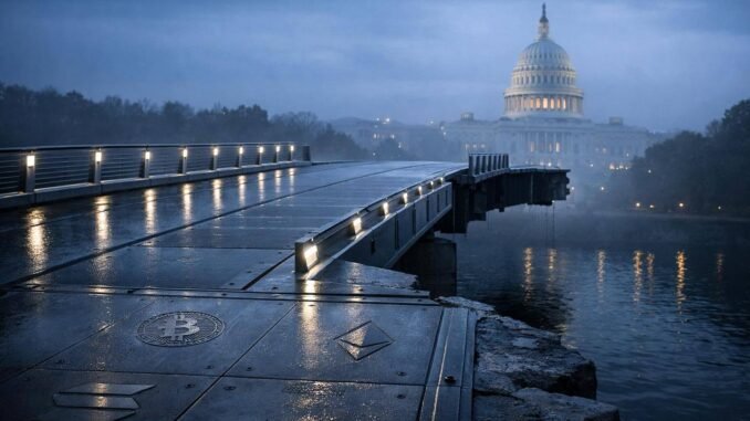 Crypto finally got SEC clarity. Why didn’t the market care? Broken bridge leading toward the U.S. Capitol with Bitcoin and Ethereum symbols embedded in the path, symbolizing limited SEC clarity and ongoing market distrust without Congress