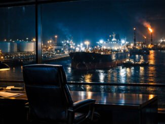 Executive office overlooking an industrial port at night, reflecting Wall Street’s push to bring real-world assets on-chain under institutional control