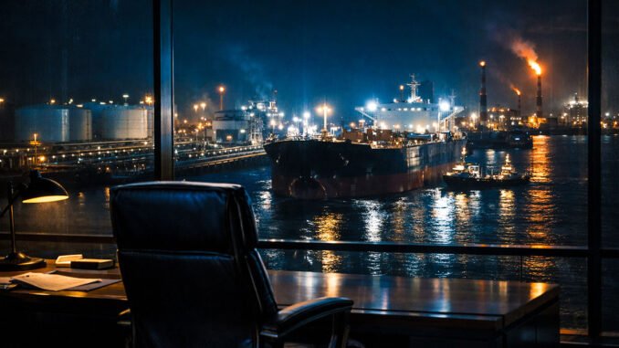 Crypto is winning the race to own oil trading after Executive office overlooking an industrial port at night, reflecting Wall Street’s push to bring real-world assets on-chain under institutional control