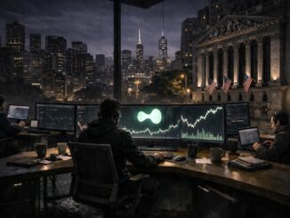 Night trading desk overlooking Wall Street with Hyperliquid interface active as US markets sit closed, highlighting after-hours price discovery in crypto