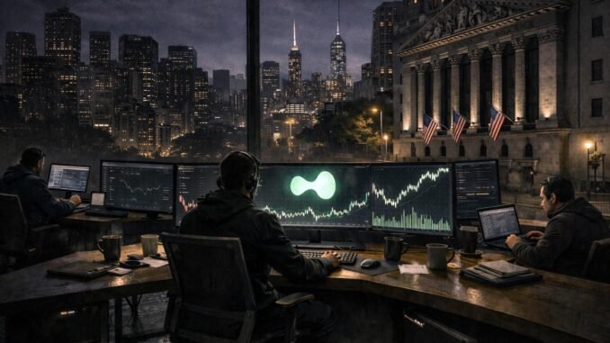 Night trading desk overlooking Wall Street with Hyperliquid interface active as US markets sit closed, highlighting after-hours price discovery in crypto