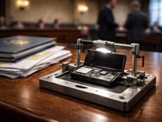 Disassembled crypto wallet device under inspection in a legislative setting, symbolizing proposed backdoor recovery access tied to a state bill amendment