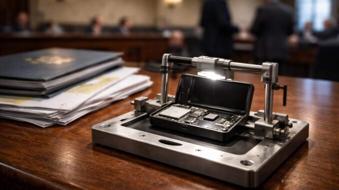 Disassembled crypto wallet device under inspection in a legislative setting, symbolizing proposed backdoor recovery access tied to a state bill amendment