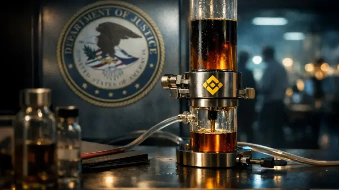 Binance-branded device with dark liquid in front of a Department of Justice seal, symbolizing renewed DOJ probe into Iran-linked crypto flows after the $4.3 billion settlement and CZ pardon