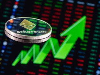 picture of an ethereum coin with an upward pointing green arrow with price charts behind it
