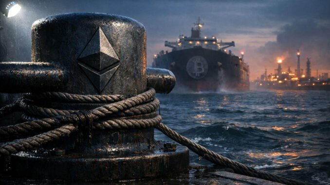 Ethereum logo anchored to a dock as a Bitcoin-marked tanker approaches through turbulent waters, symbolizing Ethereum gaining strength over Bitcoin amid shifting global markets during US-Iran tensions
