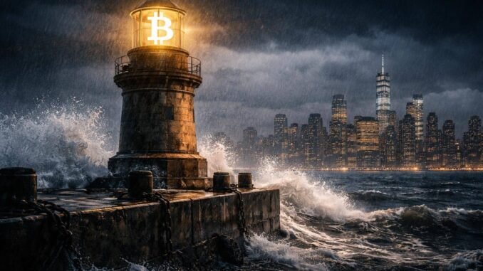 Fed rate cut chance hits zero, threatening stagflation where Bitcoin Bitcoin lighthouse in a stormy sea facing a city skyline, symbolizing renewed Fed rate hike bets testing Bitcoin’s macro outlook