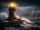 Bitcoin lighthouse in a stormy sea facing a city skyline, symbolizing renewed Fed rate hike bets testing Bitcoin’s macro outlook