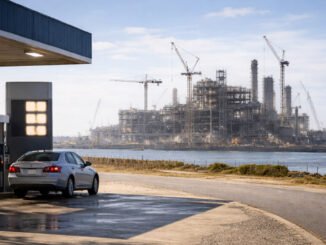 Car fueling at a gas station with a large refinery under construction across the water in Brownsville, highlighting questions over how quickly the project can lower gas prices