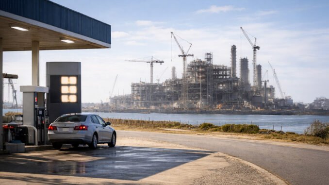 Car fueling at a gas station with a large refinery under construction across the water in Brownsville, highlighting questions over how quickly the project can lower gas prices