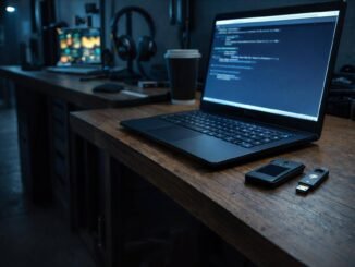 Laptop running code beside hardware wallet and USB key, illustrating how a single pip install could expose crypto wallets, Solana keys, and cloud secrets