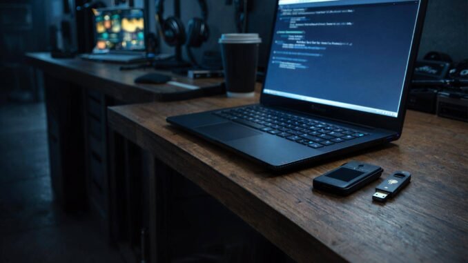 Laptop running code beside hardware wallet and USB key, illustrating how a single pip install could expose crypto wallets, Solana keys, and cloud secrets