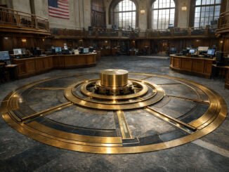 Institutional trading floor built around a vault-like circular mechanism, symbolizing Wall Street’s growing push to control tokenization on its own terms