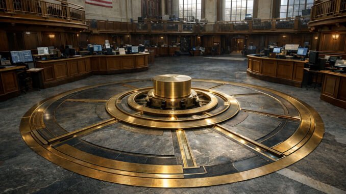 Institutional trading floor built around a vault-like circular mechanism, symbolizing Wall Street’s growing push to control tokenization on its own terms