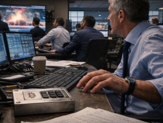 Trader monitors geopolitical crisis on screens while using a Bitcoin device, showing BTC acting as a real-time market risk indicator rather than a traditional safe haven