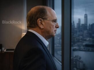BlackRock executive overlooking city skyline as Bitcoin ETF assets surge past $100 billion toward a potential $200 billion tipping point