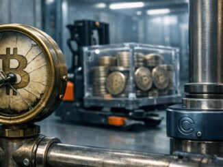 Cracked pressure gauge with a Bitcoin symbol in an industrial facility beside crates of BTC coins, representing market stress after Coinbase’s $69.5B wallet reshuffle disrupted a key Bitcoin bottom indicator