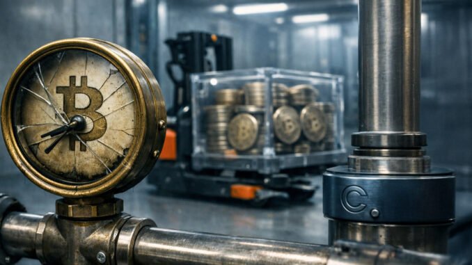Cracked pressure gauge with a Bitcoin symbol in an industrial facility beside crates of BTC coins, representing market stress after Coinbase’s $69.5B wallet reshuffle disrupted a key Bitcoin bottom indicator