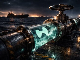 Glowing Hyperliquid pipeline valve releasing liquidity into the market at sea, symbolizing traders shifting to on-chain derivatives as geopolitical tensions drive HYPE into the top 10