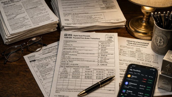 IRS new forms may leave crypto investors guessing their tax IRS Form 1099-DA beside crypto account records and a phone portfolio app, showing how 2025 coin swaps and sales can still be reported for tax filing
