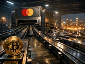 Mastercard-branded payment machine processing Bitcoin and Ethereum tokens on industrial rails, symbolizing debate over crypto-washing versus real-world crypto adoption through new partnerships