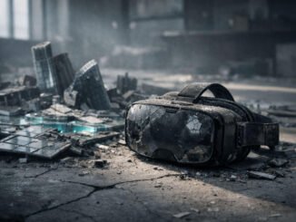 Abandoned VR headset in a crumbling digital cityscape, symbolizing metaverse land crash as a once $24M virtual plot falls to $9,000