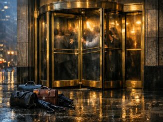 Investors crowded inside a revolving door at a Wall Street building while briefcases sit abandoned outside in the rain, symbolizing restricted withdrawals from private credit funds as money moves toward Bitcoin