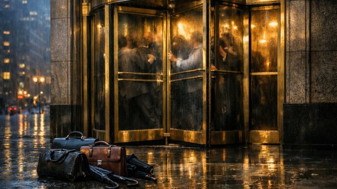 Largest private credit funds on Wall Street limit withdrawals as Investors crowded inside a revolving door at a Wall Street building while briefcases sit abandoned outside in the rain, symbolizing restricted withdrawals from private credit funds as money moves toward Bitcoin