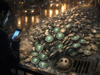 Pile of stablecoins spilling into a city storm drain as a trader checks a phone in the rain, symbolizing how a single crypto swap mistake can drain nearly all funds while trading bots capture the remaining value