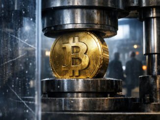 Bitcoin coin being compressed by an industrial press, symbolizing market stress as recession signals suggest a major test for Bitcoin ahead