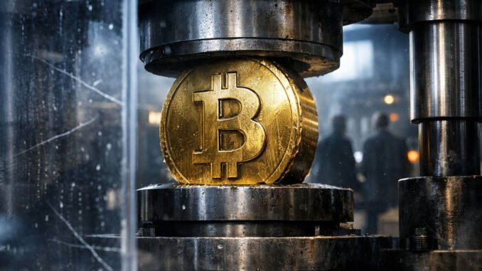 Bitcoin coin being compressed by an industrial press, symbolizing market stress as recession signals suggest a major test for Bitcoin ahead